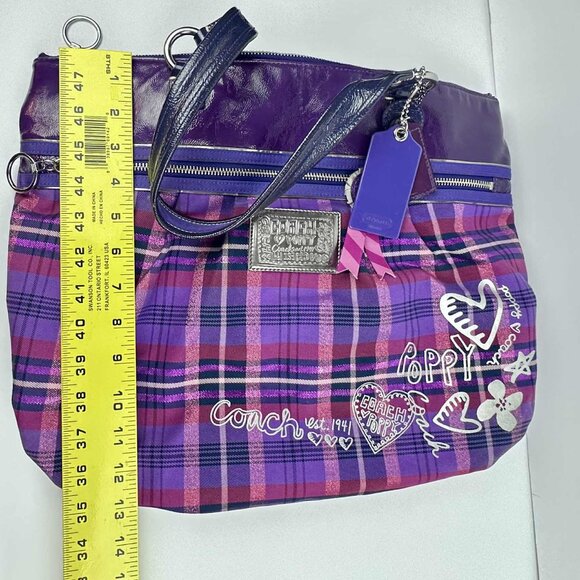 Coach Poppy Plaid Glam Tote Bag – Purple Multi Patent Leather Trim - Picture 10 of 11